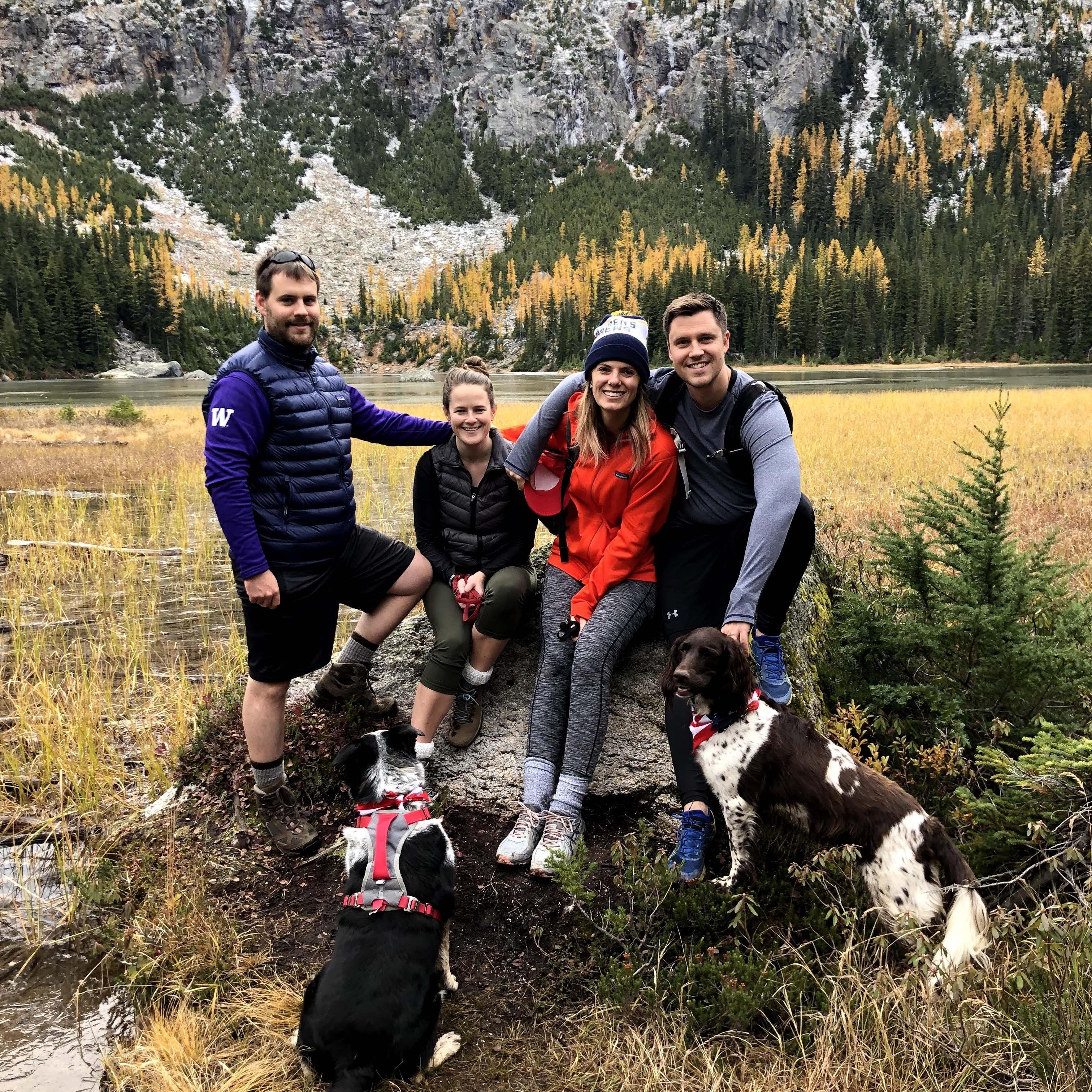 With Mark's brother Jon, sister-in-law Catherine, Bruno, and Auggie. Cuttthroat Lake in the North Cascades of Washington State.