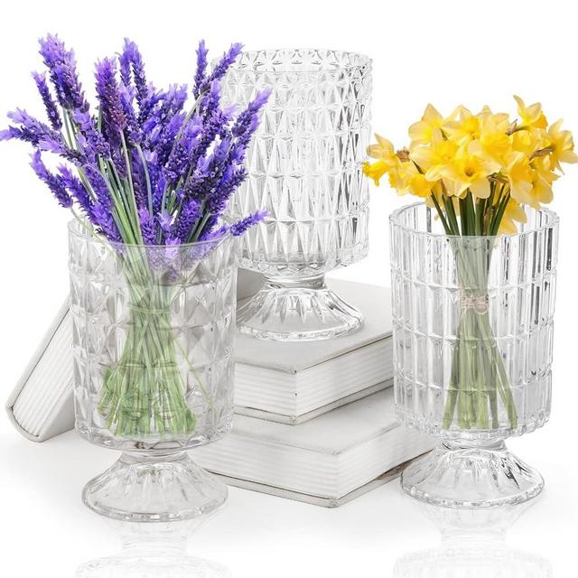 Goaste 3 Pack Embossed Big Base Vase, 7" Crystal Glass Vase, Hydroponic Green Plant Vase, Transparent Flower Vase with Ribbed Pattern for Wedding, Dining Table Centerpieces, Home Decor, Office, Party