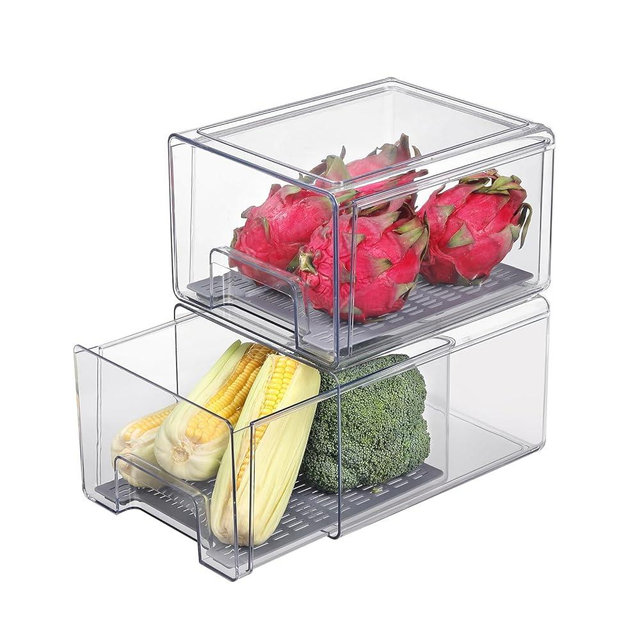 Bronkeeper Pull Out Clear Fridge Organizer Drawers with Drainer, Refrigerator Stackable Storage Bins for Kitchen Fruit & Veggie Organization (2PCS, Large)