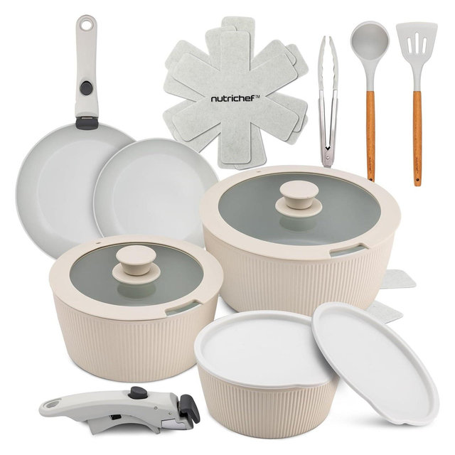 NutriChef 18-Piece Stylish Kitchen Cookware Set - Ceramic Nonstick Pots & Pans with Detachable Handles