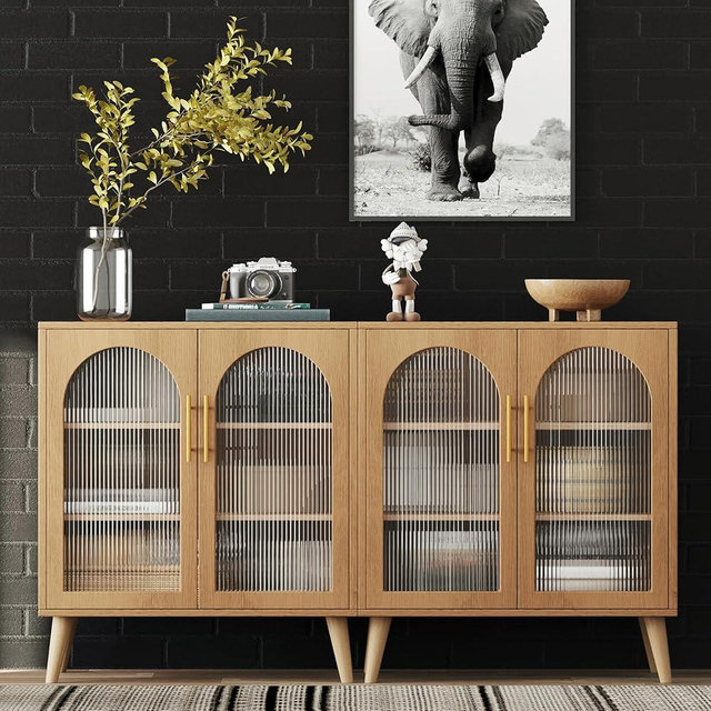 Rovaurx Storage Cabinet with Acrylic Fluted Glass Doors, 59.1" Floor Storage Cabinet, Modern Buffet Sideboard Storage Cabinet for Dinging Room, Living Room, Entryway, Natural BMGZ108MC02