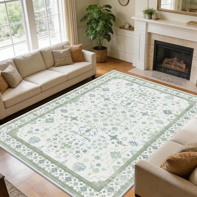 shinefly Area Rug for Living Room 9x12, Vintage Washable Non-Slip Backing Stain Resistant Area Rugs for Bedroom Kitchen Dining Room Farmhouse Nursery Home Office (Pale Sage Misty Blue)