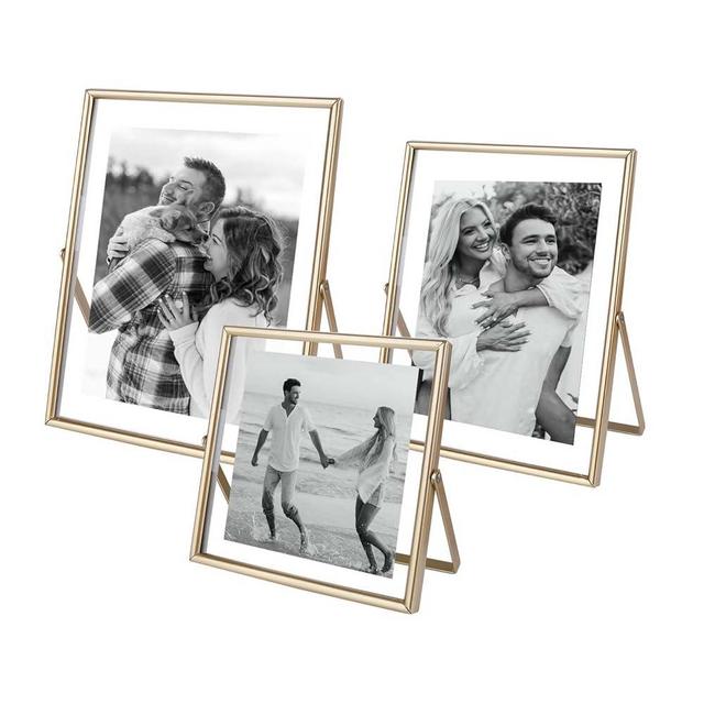 HSAUYU Set of 3 Gold Floating Picture Frame, For Photo Sizes (5x7, 4x6, 4x4), Metal Glass Floating Frames Photo Frames - Vertical Tabletop Picture Frames, Home Office or Wedding Decoration