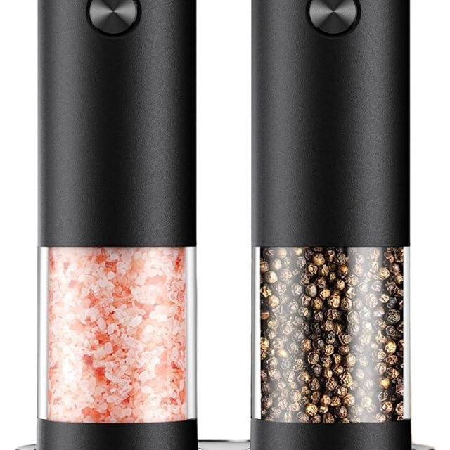 Electric Salt and Pepper Grinder Set - Battery Operated Spice Mills with Adjustable Coarseness, LED Light, Automatic Spice Grinder for Kitchen Appliance, with Cleaning Brush and Stand, Home Cooking
