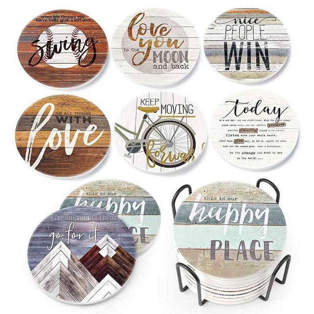 RayPard Absorbent Coasters Stone Coaster Set of 8, Cork Base, with Holder, Wood Look, Farmhouse Country Life Outdoor Coasters for Housewarming Apartment Kitchen Room Bar Decor (Rustic Style)