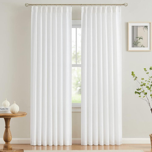 Vision Home White Pinch Pleated Semi Sheer Curtains Textured Light Filtering Window Curtains 90 inch for Living Room Bedroom Rayon Blended Pinch Pleat Drapes with Hooks 2 Panels 40" Wx90 L