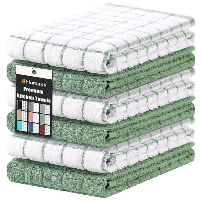 Homaxy Premium Cotton Kitchen Towels 16"x 28", Large Natural Ring Spun 390 GSM Dish Towels, Super Absorbent Terry Kitchen Hand Towels, Soft Tea Towel with Hanging Loop, Grass Green Check, 6 Pack