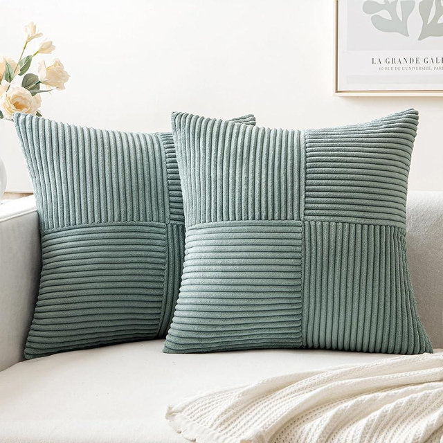 MIULEE Greyish Green Corduroy Pillow Covers Pack of 2 Boho Decorative Spliced Throw Pillow Covers Soft Solid Couch Pillowcases Cross Patchwork Textured Covers for Living Room Bed Sofa 18x18 inch