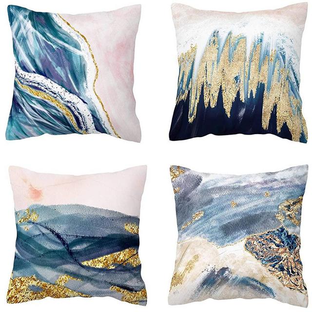 BLUETTEK Printed Abstract Blush, Blue and Turquoise Color Decorative Throw Pillow Covers, Soft Velvet Accent Cushion Cases 45cm x 45cm (Blush & Blue Waves)