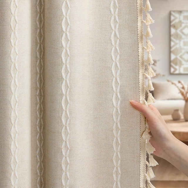 NDDYCU Boho Blackout Curtains Farmhouse Beige 2 Panels Curtains 84 Inch for Living Room, Linen Tassels Curtains Cotton Embroidery for Bedroom Rod Pocket Drapes Vintage Rustic Western Window