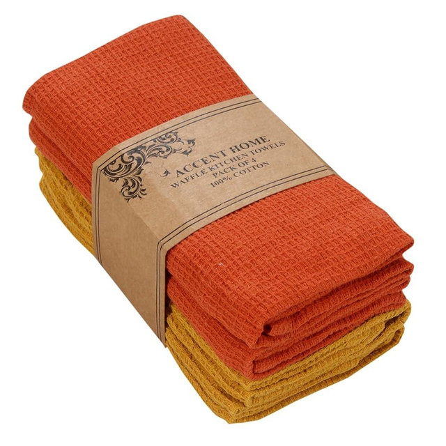 ACCENTHOME 100% Cotton Waffle Weave Kitchen Towel Set of 4 Super Soft Absorbent Tea Towels | Durable Cleaning Dish Cloths & Quick Drying Dishes Rags 20x28 inches in Rust/Mustard Color