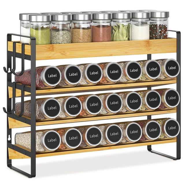 EsLuker.ly Spice Seasoning Rack Organizer Kitchen Countertop, 4 Tier Bamboo Spice Shelf Holder Storage with 4 Hooks, Wall Mounted Freestanding Stand for Pantry, Quick Spice Access(Jars Not Included)