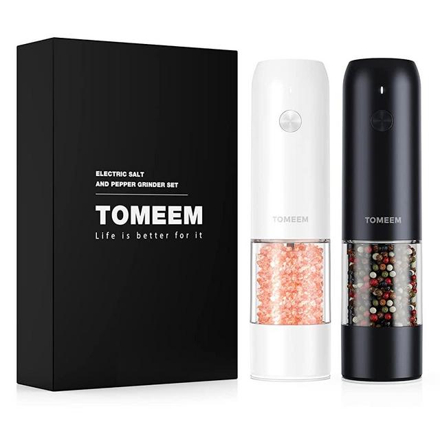 [Upgraded Larger Capacity] TOMEEM Electric Long Salt & Pepper Grinder Set (2 pcs) with 6-Level Adjustable Coarseness, Easily One-Hand Operated Rechargeable Salt Grinder & Pepper Mill with LED Lights