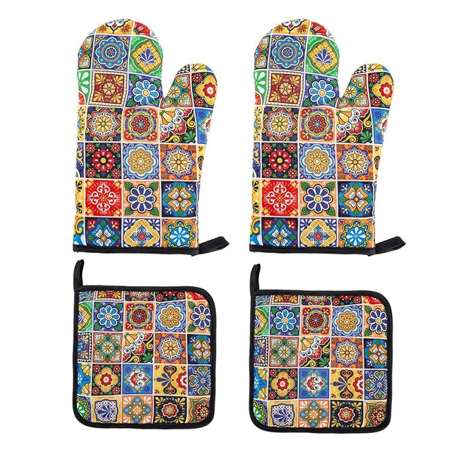 Kitchen Oven Mitts and Pot Holders Sets in Mexican Talavera Tile Style Design as Mexican Kitchen Decor,4 Pack Heat-Resistant Colorful Oven Gloves and Potholders Hot Pads as Mexican Kitchen Accessories