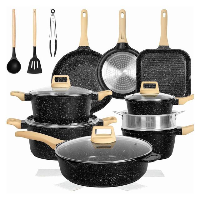 Romswi 23Piece Kitchen Cookware Set, Non Stick Pots and Pans Set, Induction Cookware with Utensil and Pan Protectors, Black