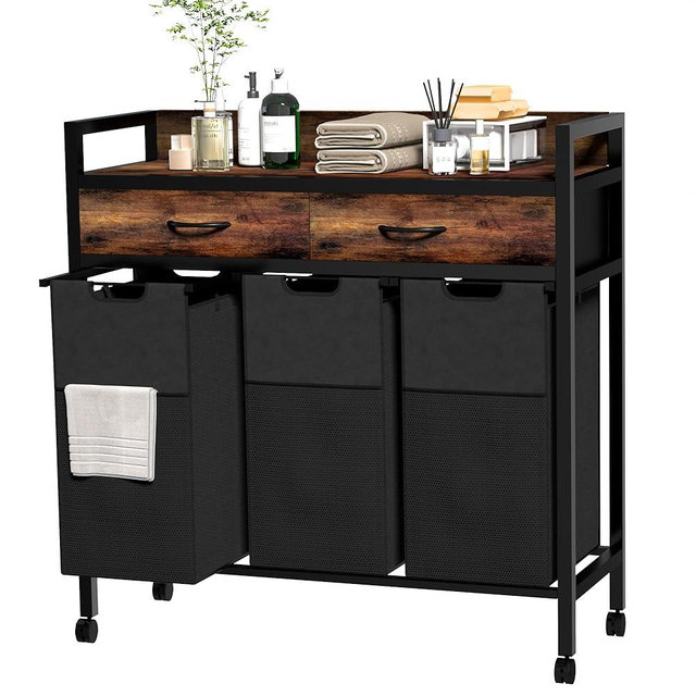 Serxis Laundry Sorter 3 Section,144L Hamper with Non-Woven Drawers,360° Rolling Laundry Basket,Pull-Out and Removable Oxford Fabric Laundry Bags,Rustic Brown and Black