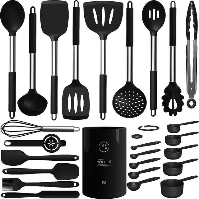 Large Silicone Cooking Utensils Set - Heat Resistant Kitchen Utensils Sets,Spatula,Spoon,Turner Tongs,Brush,Whisk,Stainless Steel Silicone Cooking Utensil for Nonstick Cookware,Dishwasher Safe (Black)