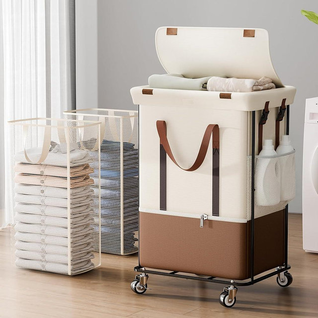 Double Laundry Hamper with Lid, Rolling Laundry Basket with Wheels and 2 Removable 75L Bags, 2 Section Large Capacity for Laundry Bedroom Bathroom Dorm, Easy Move & Organize,150L White