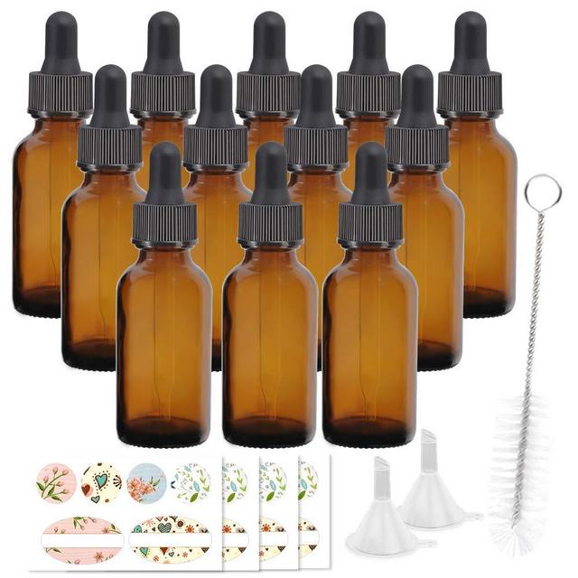 12 Pack 60 ml 2 oz Amber Glass Bottles with Glass Droppers and Black cap.Glass Dropper Bottles for Essential Oils,Lab Chemicals,Colognes,Perfumes.Included 1 Brush,2 Funnels and 24 Labels.