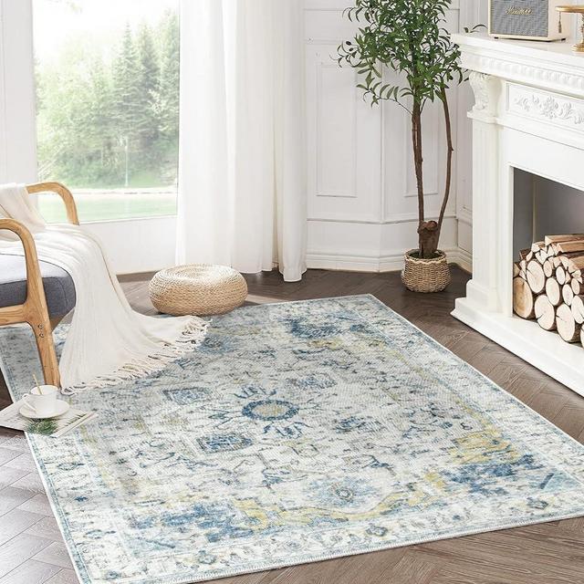 COLLACT Area Rug 5x7 Vintage Rug Indoor Floor Cover Print Distressed Carpet Light Blue Multi Thin Rug Chenille Mat Foldable Accent Rug Lightweight Kitchen Living Room Bedroom Dining Room