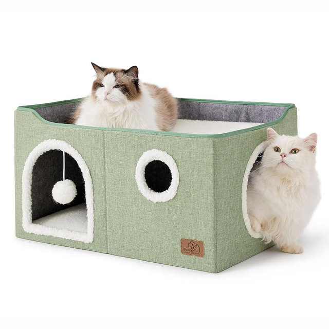 Bedsure Large Cat Beds for Indoor Cats - Extra Wide Cat Cube House for Small Pet with Fluffy Ball Hanging and Scratch Pad, Foldable Pet Cave Hideaway for Multiple Cats, 23.6x16.9x13 inches, Green