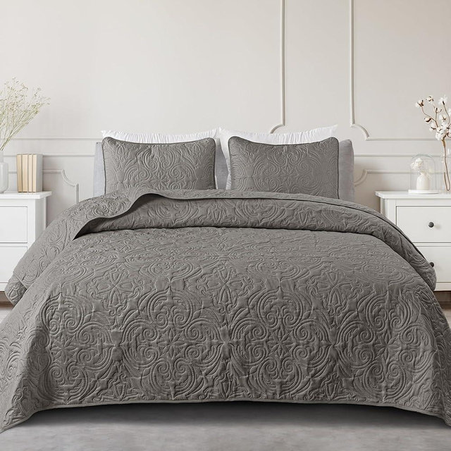 Exclusivo Mezcla Quilt Set Full Queen Size, Lightweight Vintage Quilts with 2 Pillow Shams, Soft Queen Bedspreads Coverlets Bedding Set for All Seasons, (90"x96", Grey)