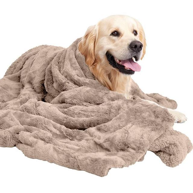 MIGHTY MONKEY Pet Blanket, 50x56, Soft Reversible Sherpa Cat and Dog Blanket, Machine Washable, Plush, Warm and Cozy Faux Fur Throw, Puppy Bed Cover, for Crates, Couch, Car, X-Large Size, Soft Beige