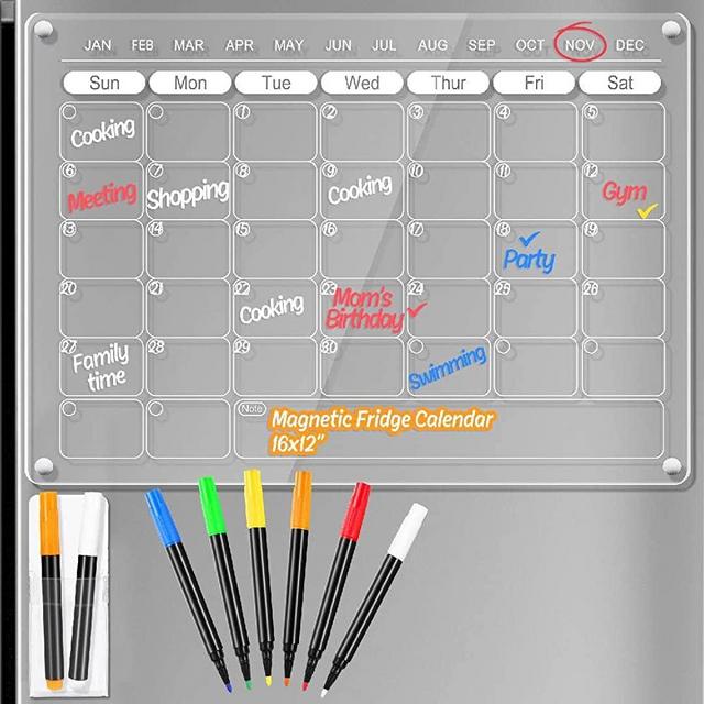 Acrylic Magnetic Calendar for Fridge Refrigerator Monthly Dry Erase Board w/ 8 Markers & Magnetic Pen Holder, Organic Glass Clear Planning Whiteboard Workout Board Meal Planner Magnetic, 16x12''