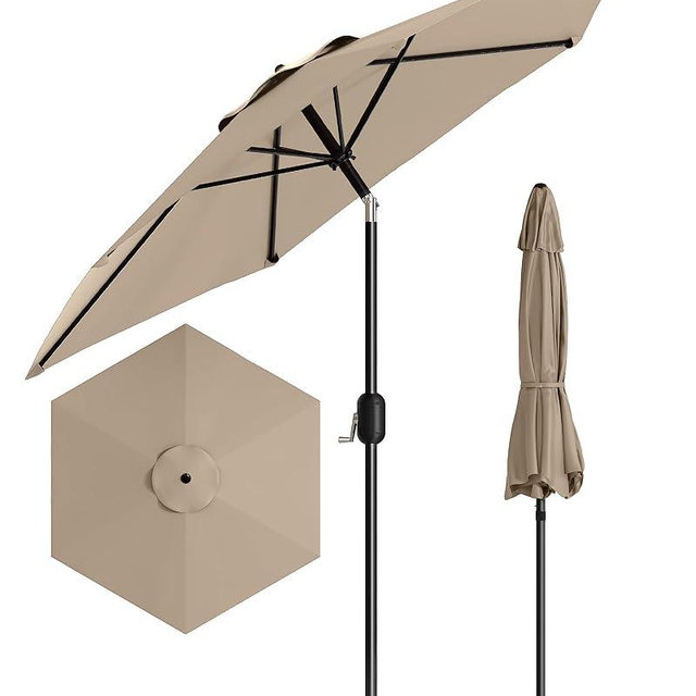 7.5FT Outdoor Patio Umbrella, Outdoor Table Umbrella, Market Umbrella With Push Button Tilt and Crank, 6 Sturdy Ribs UV Protection Waterproof for Garden, Deck, Backyard, Pool, Tan