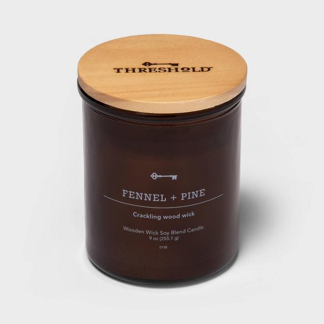 9oz Lidded Amber Glass Jar Crackling Wooden Wick Fennel and Pine Candle - Threshold™