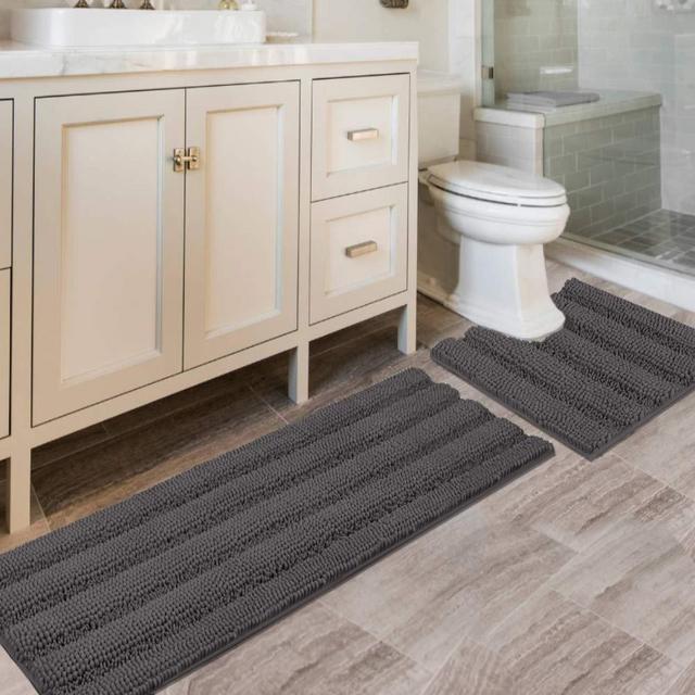 Bathroom Rugs Bath Mats Striped Shag Chenille Bathroom Rug Toilet Sets Non Slip Water-Absorbent Dry Fast Soft Microfiber Bath Contour Mat(47"x 17" and 20" x 20" U Shape, Grey)