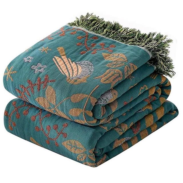 MSGKV 100% Cotton Blanket Boho Throw Blanket Blue Warm Blanket for Couch Sofa Bed Double Sided Knit Blanket Super Soft Blanket Cover Sheet Reversible Blanket Wearable Fall Winter Blanket, 60''Wx 80''L