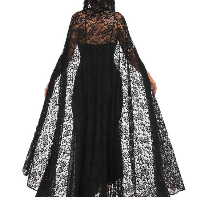 Unicra Black Lace Hooded Cape Halloween Costume Long Cloak Full Length Cosplay Witch Vampire Cape for Women