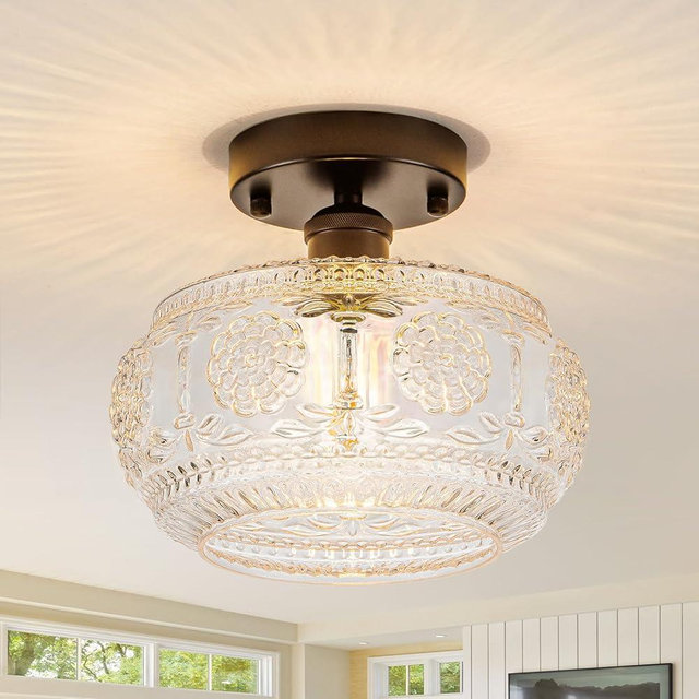 Tbaoinla Semi Flush Mount Ceiling Light Fixture - Black Metal Base & Floral Glass Shade, Modern Vintage Lighting for Entryway, Bathroom, Kitchen, Bedroom (Bulb Not Included)