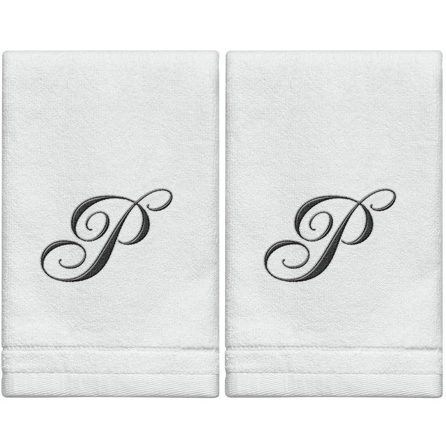 Monogrammed Towels Fingertip, Personalized Gift, 11 x 18 Inches - Set of 2- Black Embroidered Towel - Extra Absorbent 100% Cotton- Soft Velour Finish - For Bathroom/ Kitchen/ Spa- Initial P (White)