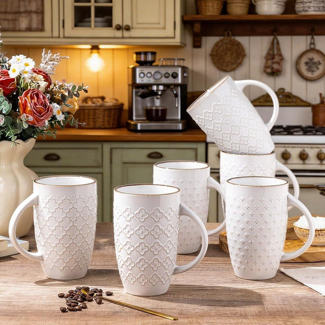 AmorArc Large Coffee Mugs Set of 6, 20oz Ceramic Tall Coffee Mugs Set with Textured Patterns for Coffee/Tea/Beer/Hot Cocoa, Dishwasher & Microwave Safe-Off White