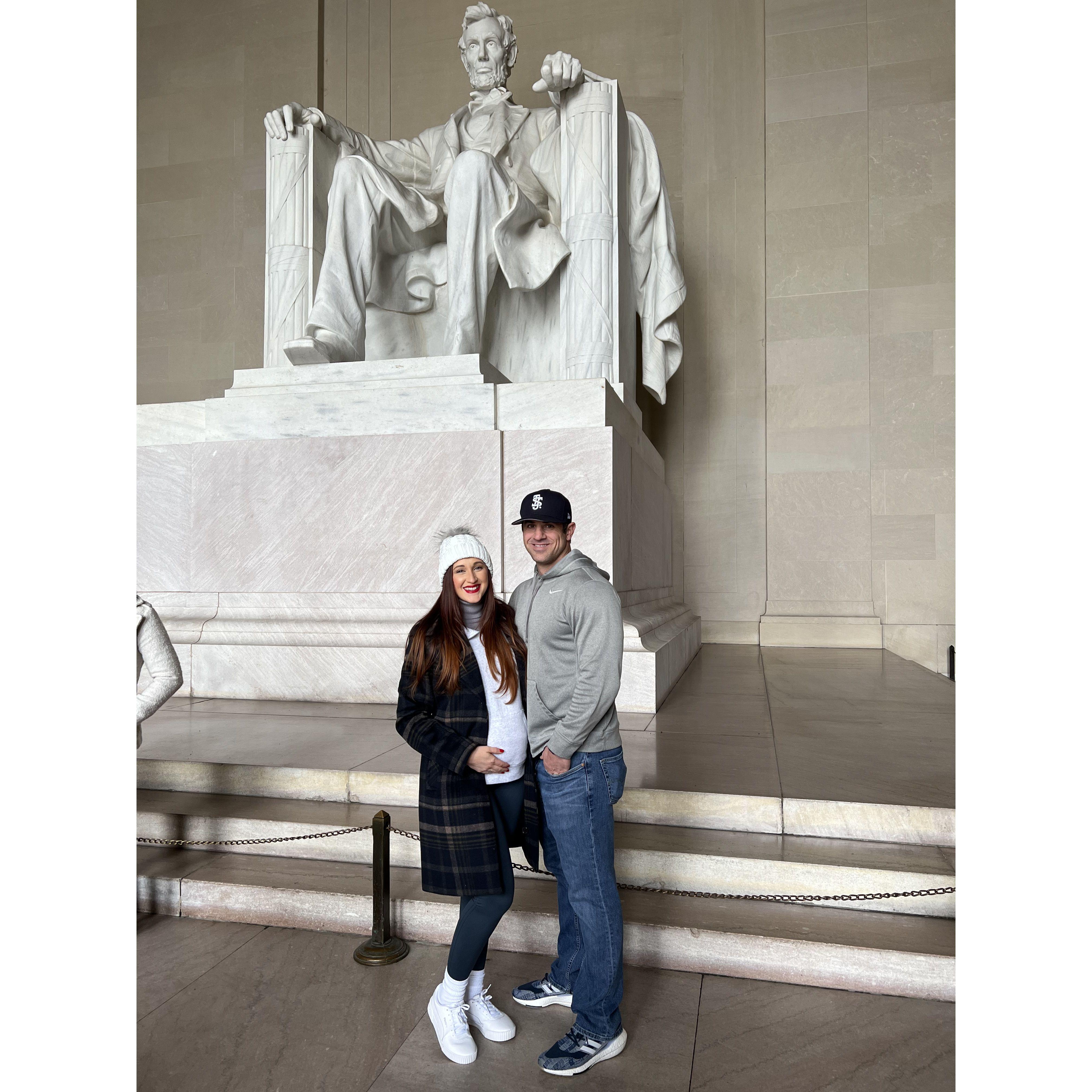 Visiting the Lincoln Memorial while on our Christmas vacation to visit Kyle's family. 6 months pregnant here!