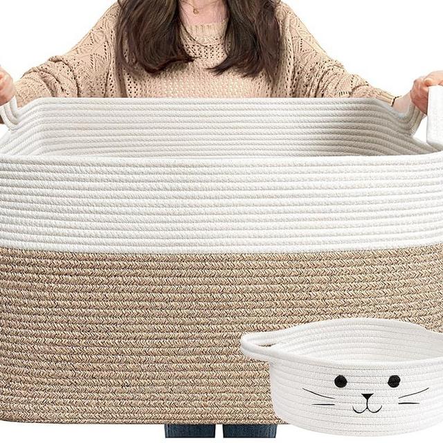 Goodpick Blanket Basket, 2 PCs Rectangle Storage Basket Toy Baskets Storage Kids, Baby Laundry Basket with Small Cute Basket, Blanket Storage for Dirty Clothes Pillows Towel, White & Light Brown