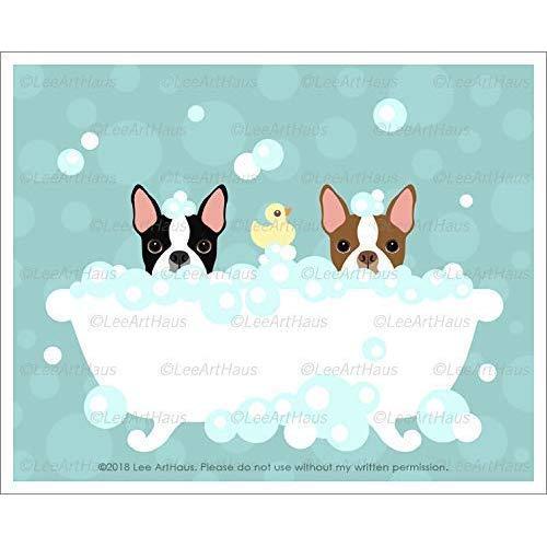 563D - Two Boston Terrier Dogs Peeking in Bubble Bath Bathtub UNFRAMED Wall Art Print by Lee ArtHaus