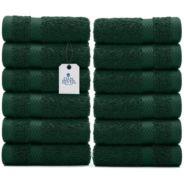 DAN RIVER Face Cloths for Washing Face, 100% Cotton Washcloths 12 Pack, Highly Absorbent Hand Towels & Wash Cloths for Body, Bathroom, Spa, Gym, (12x12 in, Hunter Green)