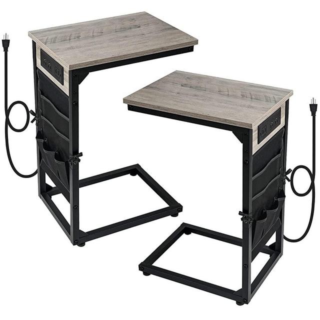 AMHANCIBLE C Shaped End Table with Charging Station Set of 2,Side Table with USB Ports and Outlets for Small Spaces, C Couch Table Slide Under for SofaSnack Tables for Living Room Bedroom,Grey