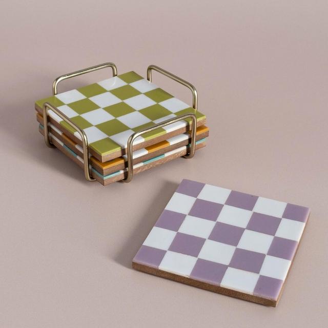 Checkered Coasters Set with Gold Holder | Colorful Checkerboard Drink Coasters | Retro Vintage Modern Coasters | Eclectic MidCentury Modern