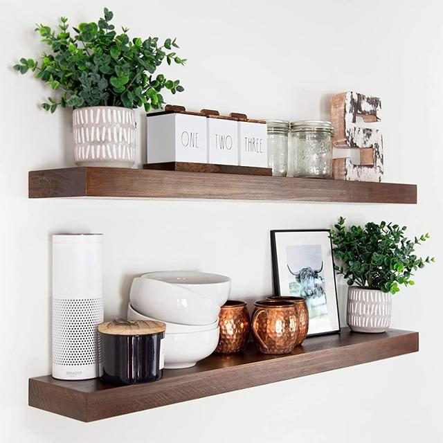 Homeforia Rustic Farmhouse Floating Shelves - Bathroom Wooden Shelves for Wall Mounted - Thick Industrial Kitchen Wood Shelf - 36 x 6.5 x 1.75 inch - Set of 2 - American Walnut Color
