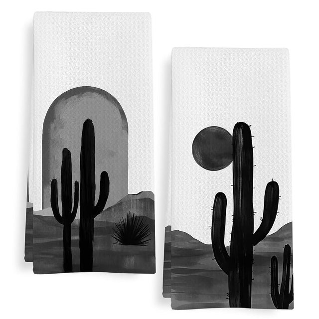 GWFSJYU Western Cactus Cactus Kitchen Towels Set of 2, Black and White Western Dish Tea Towels for Kitchen, Southwestern Boho Sun Hand Towel for Bathroom, Southwestern Bathroom Decor, 16x24 Inch