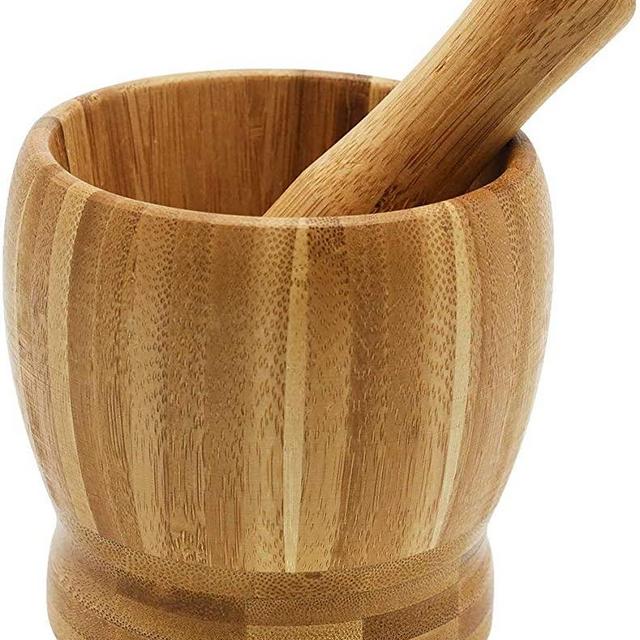 Mortar And Pestle Set Guacamole Bowl Shell Garlic Pepper Press Grinder Crusher Molcajete Mix (Bamboo)