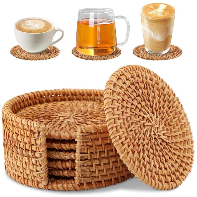 6 Pcs Handmade Rattan Coasters with Holder,Natural Wicker Boho Coaster,Heat Resistan t Drink Coaste-rs for Coffee Table Round Straw Trivet Hot Drinking Home Decor Protecting Table