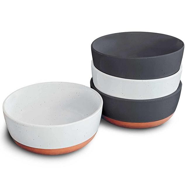 Mora Ceramic Flat Bowls Set of 4 - 25 oz- For Soup, Salad, Rice, Cereal, Breakfast, Dinner, Serving, Oatmeal, etc - Microwave, Dishwasher and Oven Safe Bowl for Eating and Kitchen- Vanilla & Charcoal