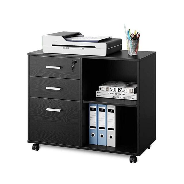 DEVAISE 3-Drawer Wood File Cabinet with Lock, Mobile Lateral Filing Cabinet, Printer Stand with Open Storage Shelves for Home Office, Black