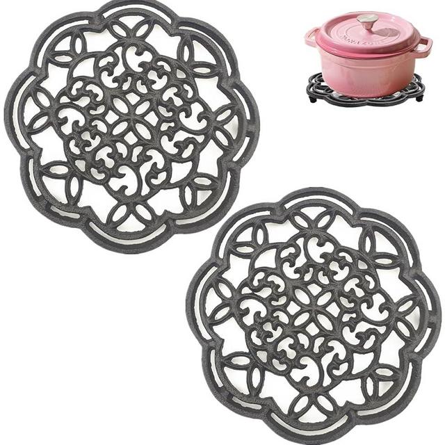 HningBuyox 2 Pack Cast Iron Trivet, Heavy Duty Metal Trivets for Hot Pots and Pans, 8In Round Rustproof Pot Stands Holders Rack with Rubber Pegs for Countertop, Dining Table, Farmhouse Decoration