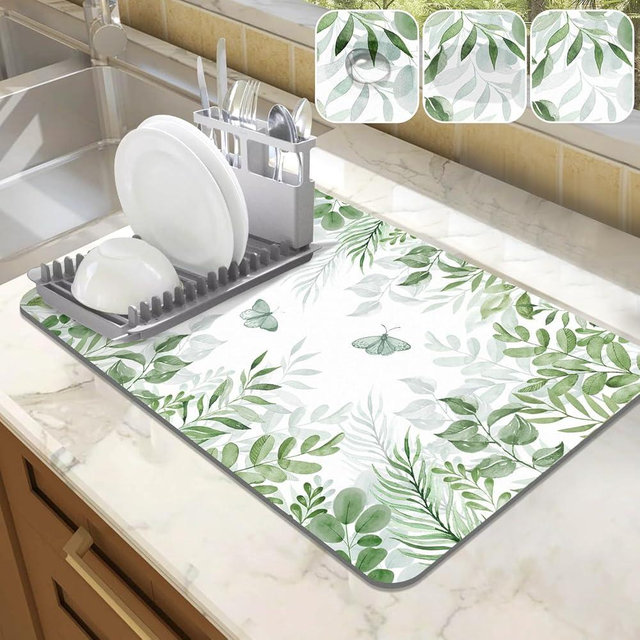 LOKHOM Dish Drying Mat for Kitchen Counter, 12"x20" Absorbent Coffee Bar Mat with Green Plant & Butterfly, Dish Drainer Rack Mats for Kitchen Counter Coffee Maker Coffee Pot Dining Room Decoration